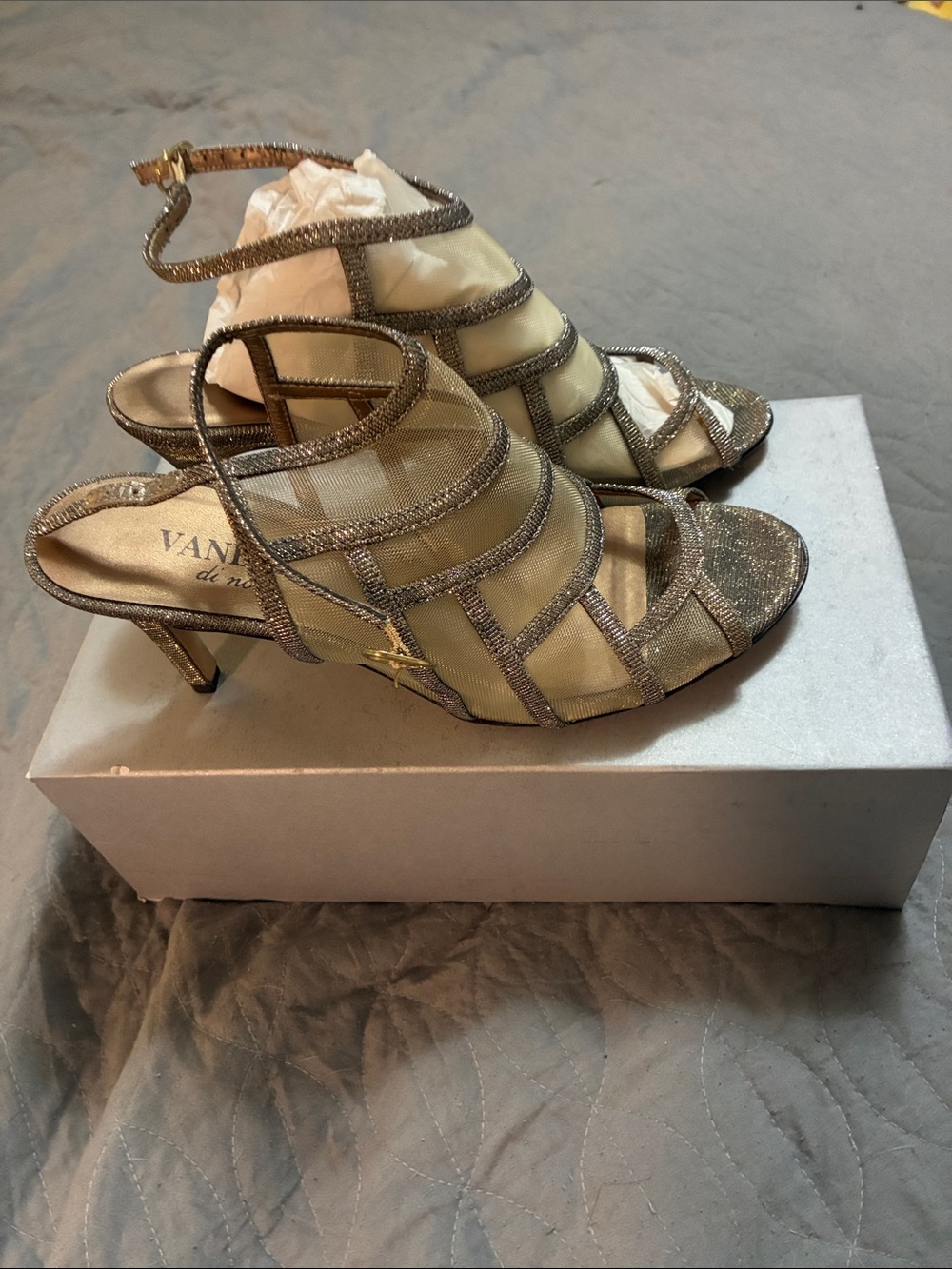 Vaneli Metallic Gold Strappy Mesh Heels